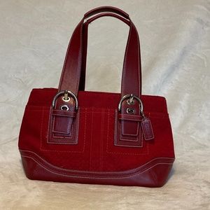 Used Red Coach Fabric and Leather Handbag